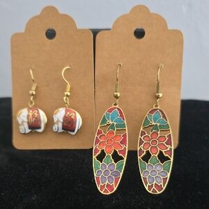 Two Pair Vintage Cloissonne Dangle Earrings, Puffed Elephant And Oval Floral